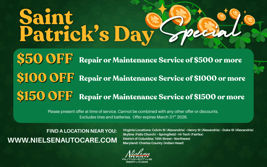 Saint Patrick's Day auto service discounts promotional flyer.